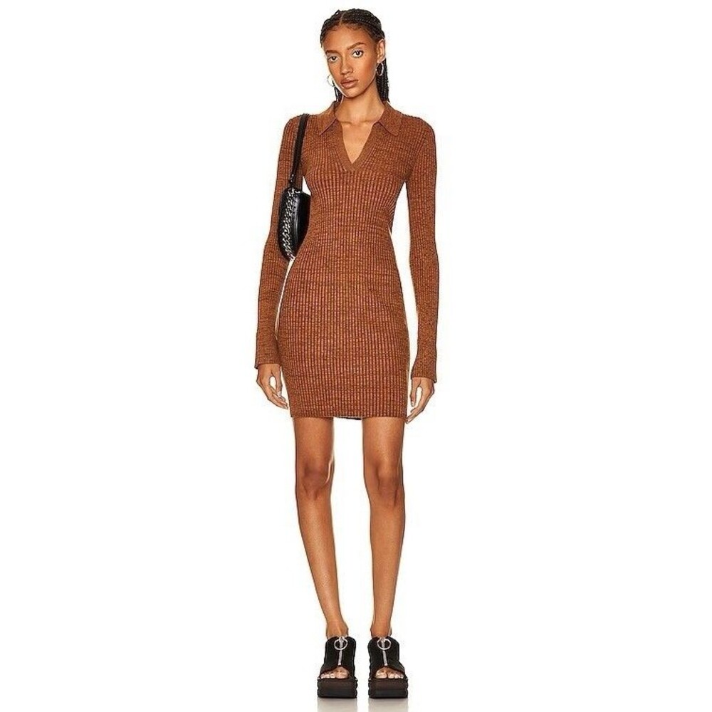 HELMUT LANG Long Sleeve POLO Collar Mini Dress Women Sz L Brown Ribbed Knit NWOT